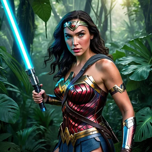 Prompt: Photorealistic illustration of Wonder Woman wielding a blue lightsaber in a lush jungle, vibrant green foliage, realistic skin texture, detailed armor and weapons, cinematic lighting, high quality, ultra-realistic, photorealism, detailed eyes, powerful stance, lush jungle, vibrant colors, cinematic, realistic lighting, intense gaze, intricate details