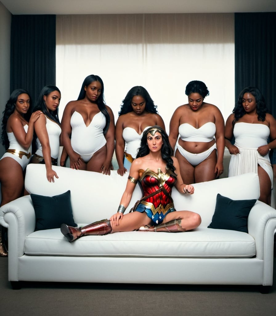 Prompt: Wonder Woman sitting on a white couch, satin sheets, surrounded by thicc black women looking at her from behind the couch 