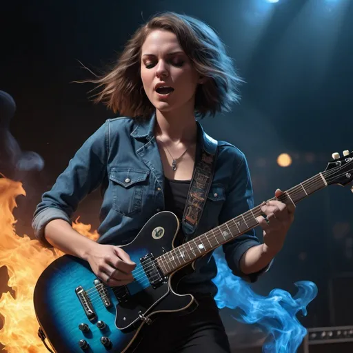Prompt: Ember McLain playing guitar, photorealism, blue flames, rock concert, professional lighting, perfect shading, smoke in the air, HD, 4k, realistic, detailed, concert atmosphere, skilled playing, intense expression, rockstar aura, fiery ambiance, high-quality rendering