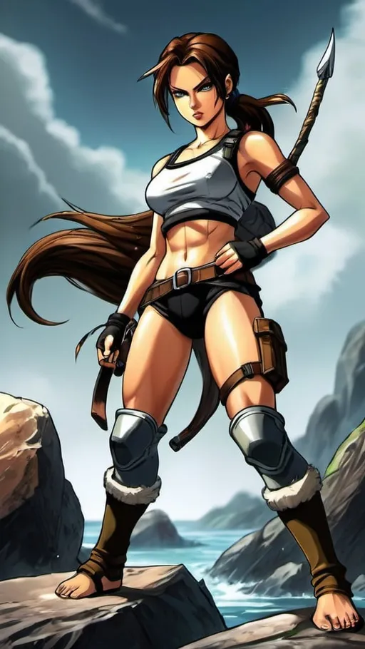 Prompt: Anime illustration of Lara Croft in traditional Saiyan armor, black swimsuit bottom, fierce and determined expression, high-quality, anime, warrior, detailed armor, vibrant colors, dynamic pose, dramatic lighting