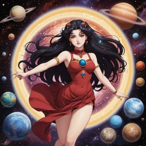 Prompt: Ishtar Tohsaka the goddess of Venus flying through space with different colored planets and stars and galaxies in the background