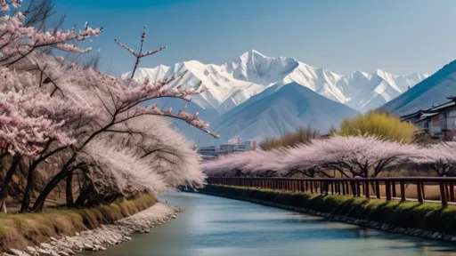 Prompt: a river in janpan with cheery blossoms and snowy mountains as background on a day with clear sky. Captured in the style of leica, realistic, cinematic.