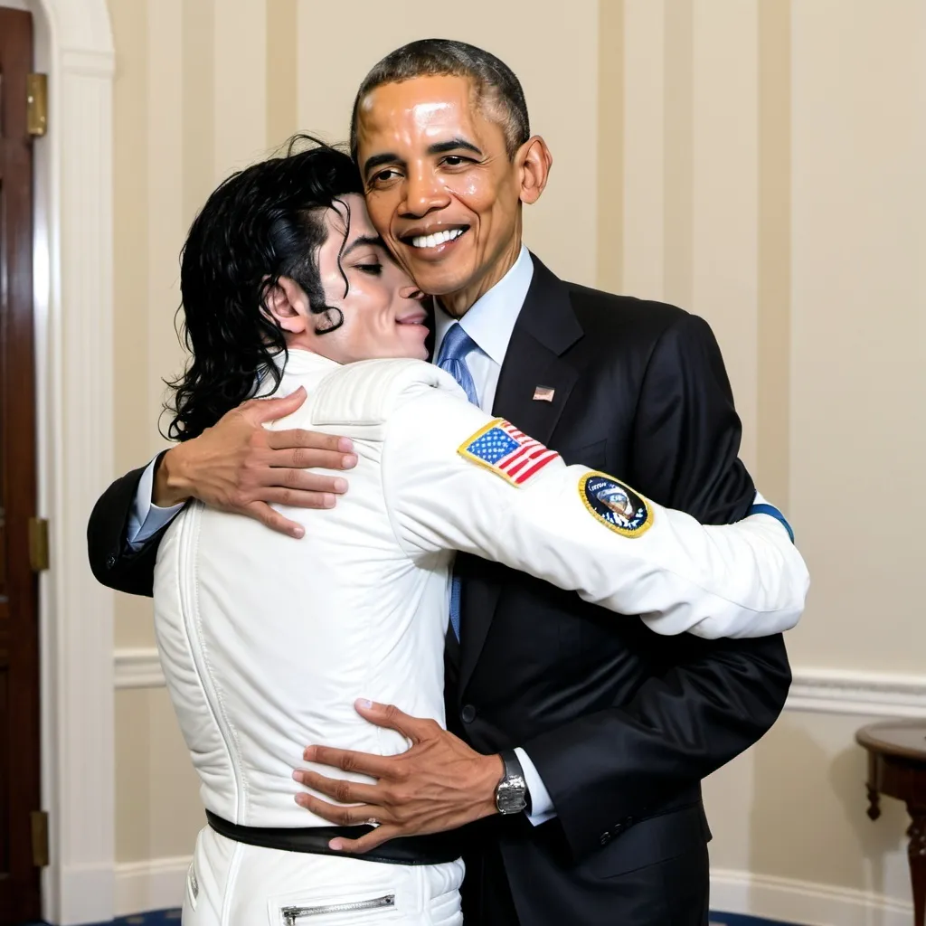 Prompt: michael jackson in a spacesuit hugging obama