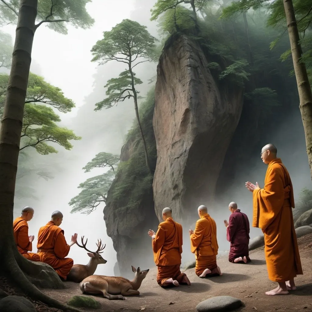 Prompt: create a realistic image of a group of people in a forest with a deer and a deer nearby, with a man kneeling down, towards group of six Buddhist monks and a priest who are standing on the steep rock