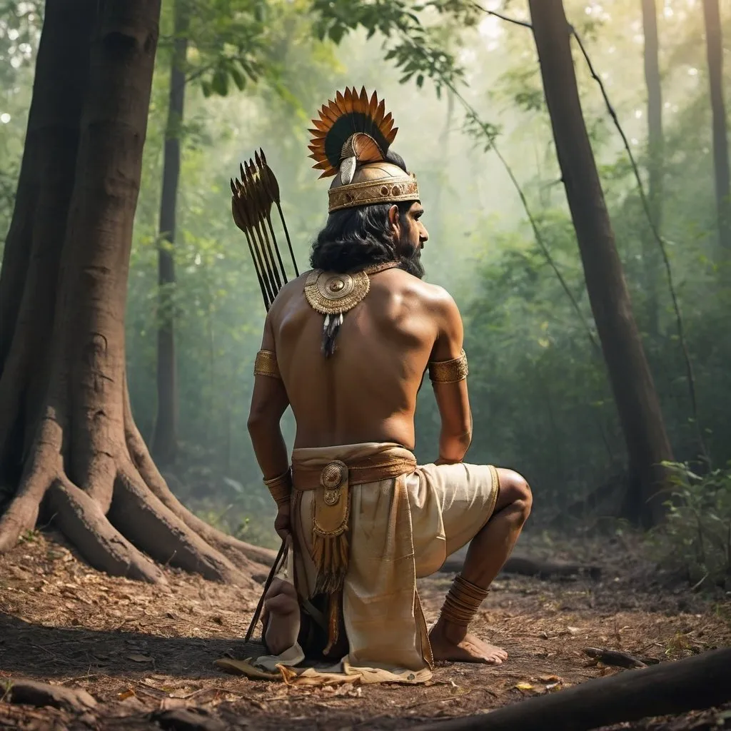 Prompt: side rear view of ancient Indian king kneeling down in the middle of forest, he dropped bow and arrows on the ground 