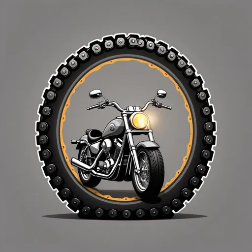 Prompt: Design a logo that has a motorcycle chain and on the front a motorcycle streetlight and on the back a motorcycle tire

with gray background