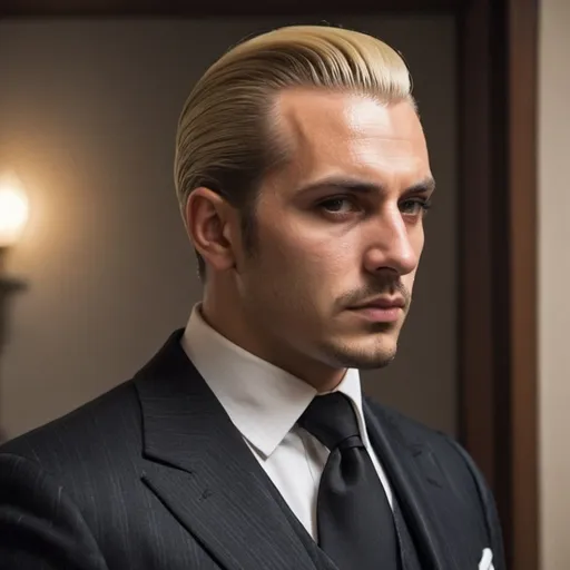 Prompt: A blonde italian mafioso with shorter hair, with hair slicked back. A semi profile picture