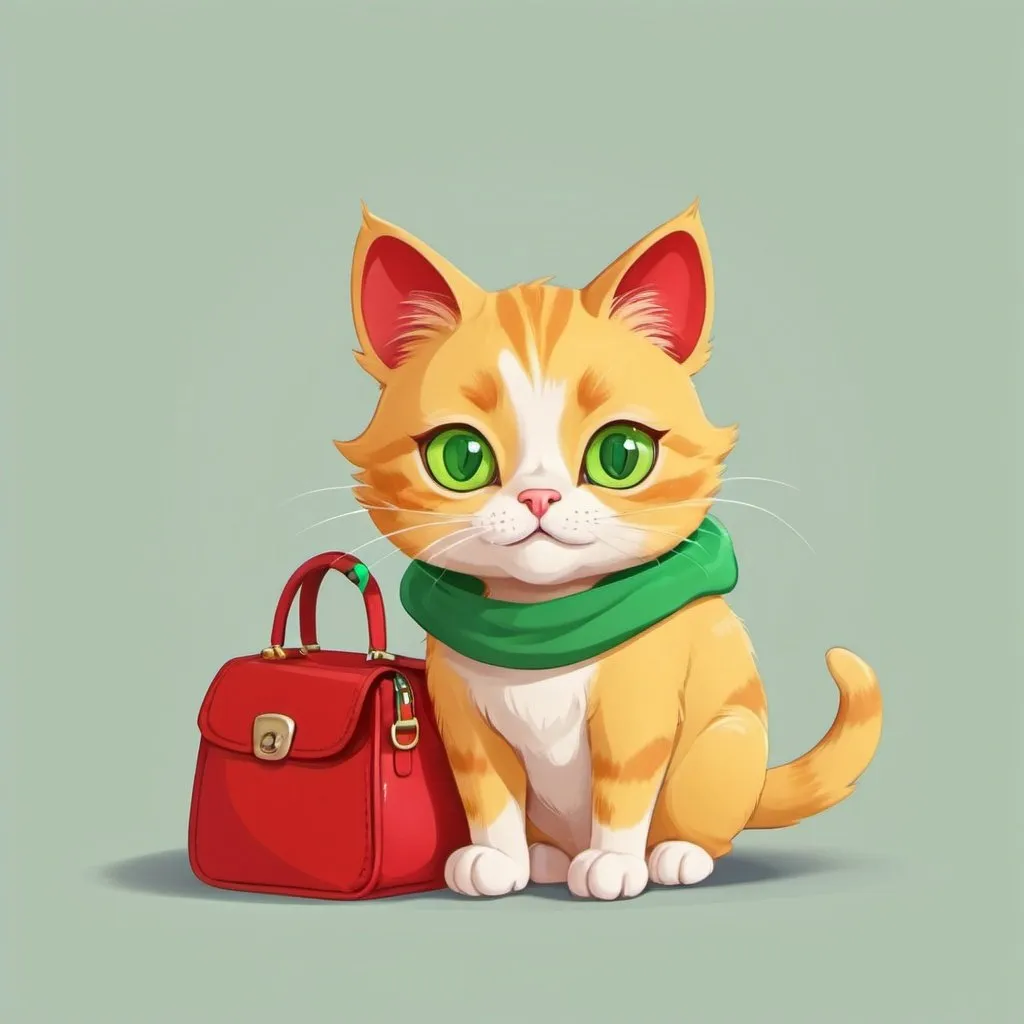 Prompt: Dedective cat, Yellow color, Green Eyes, Red bag, Cute cat. Cartoon character.