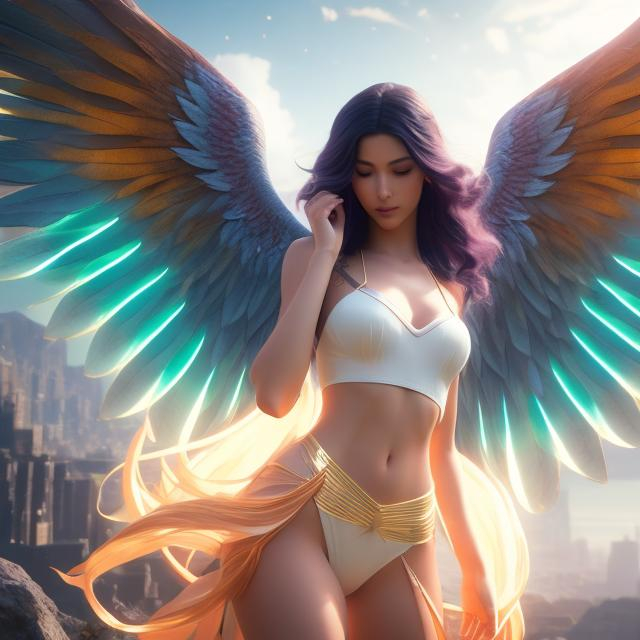 Prompt: full body photo of a beautiful female angel with 2 pairs of wings , multi colors hairs, soft lighting, perfect composition, cinematic, video game trailer, dramatic, detailed painting, 8k, octane render, by makoto shinkai, stanley artgerm lau, wlop, rossdraws, concept art, digital painting, looking into camera, surrealism, dynamic pose