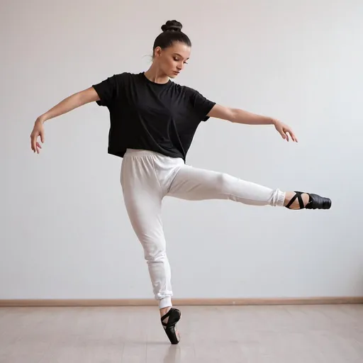 Prompt: Woman dancer in white joggers and black oversized t-shirt black pointe shoes