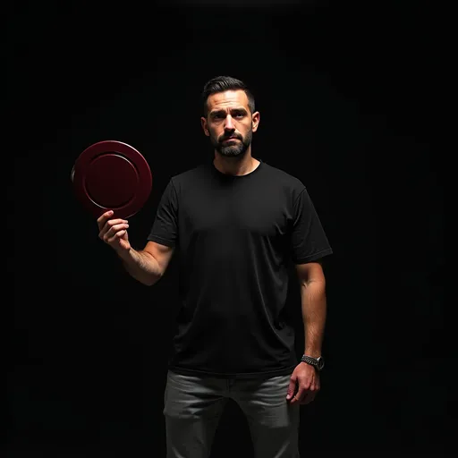 Prompt: a man with a frisbee in his hand and a black background behind him is a black background, Félix Arauz, cubo-futurism, foto realistic, a character portrait