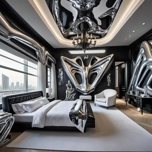 Prompt: Billionaire zaha hadid bedroom , party animal , luxury ,crazy , rich , playboy , art   , alec monopoly art , cyril kongo art , richard orlinski statues , 