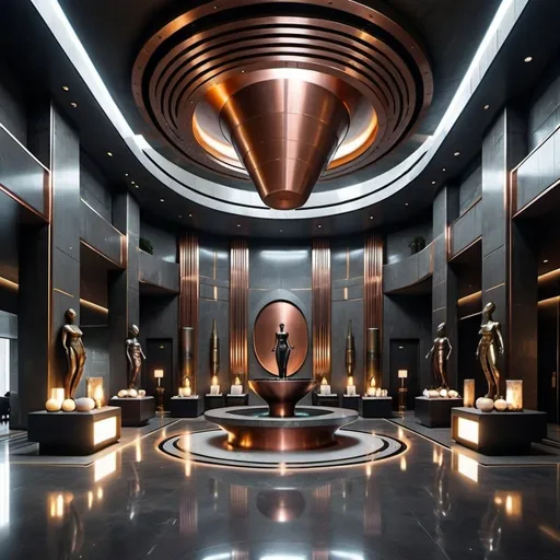 Prompt: A post modern futuristic huge godess lobby with reception ,scary , power,  luxury , rich , steel, minimal light, mysterious, cement walls , calm, bronze , brass , copper , dark, art pieces , sculptures , fintech , cult , cement , rhodium , syndicate , boss , future , elegant , spa , space 
