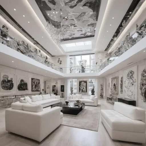 Prompt: billionaire huge post modern white penthouse open area, art gallery, luxury, rich, sculptures, cyril kongo art, alec monopoly and kaws art, richard Orlinski sculptures, glass wine cellar, 100 inch tv , 40 seat sofas , 