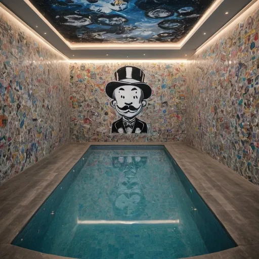 Prompt: indoor post modern alec monopoly infinity swimming pool , luxury , rich , creative , penthouse , artistic , art , sculpture , night , drawings , drawing colored pool tiles

