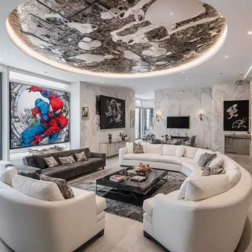 Prompt: Billionaire huge post modern white penthouse ,gaming, party animal , luxury , marvel world , rich , friendly , wine cellar glass wall, futuristic bar , cigar , 100 inch tv , art , painting , sculptures, huge sitting area  , alec monopoly art , cyril kongo art , timothy oulton furniture , richard orlinski art 