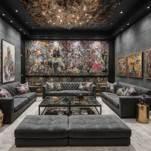 Prompt: billionaire huge post modern penthouse open area,art gallery, luxury, rich, sculptures, cyril kongo art, alec monopoly and kaws art, richard Orlinski art, glass wine cellar wall , arcade, 100 inch tv , 40 seat sofas sofas , timothy oulton bar , fur floor