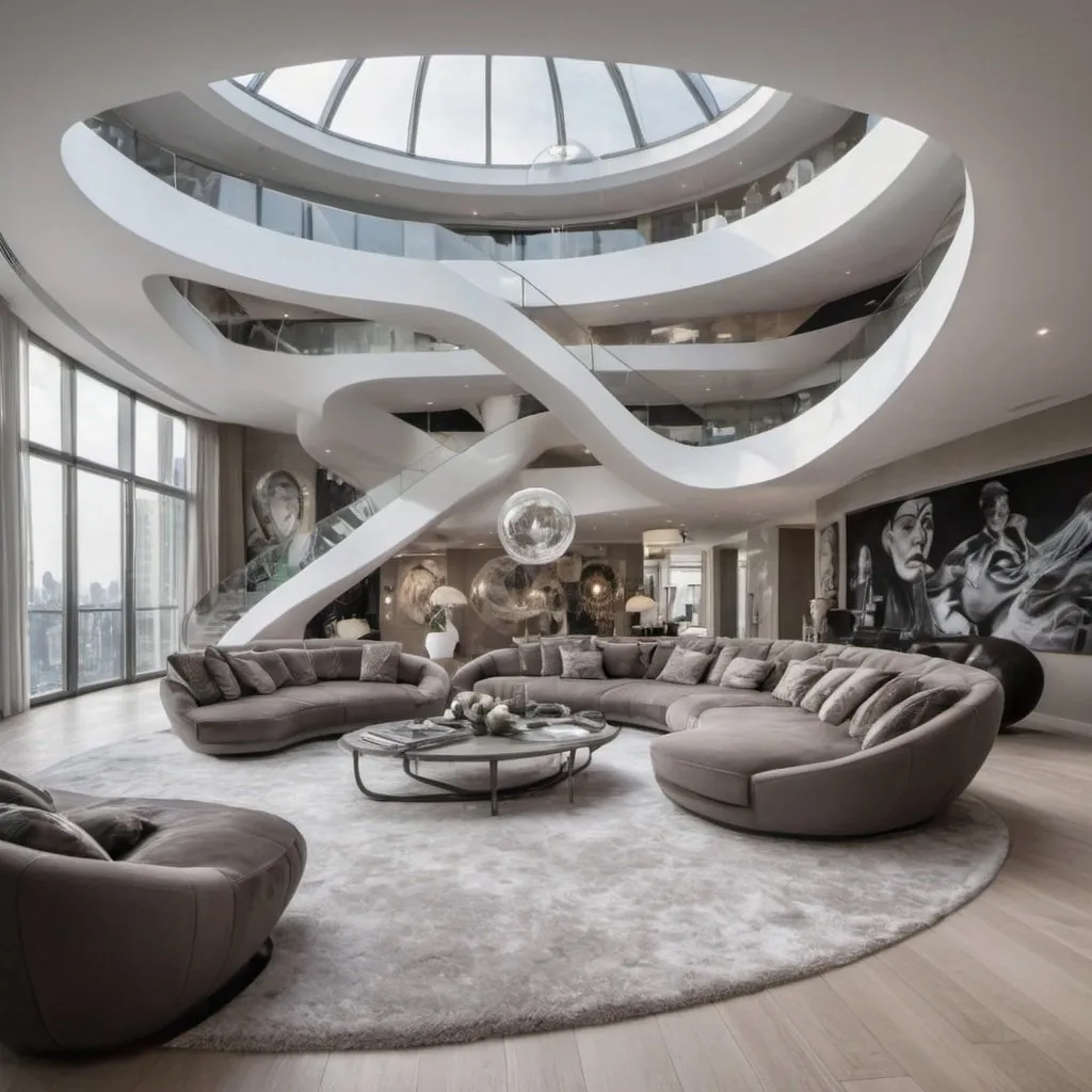 Prompt: Billionaire zaha hadid post modern huge penthouse , futuristic , bachelor, art , orlinski art , huge area , alec monopoly art , kaws art , post modern , fur , bubble sofas 