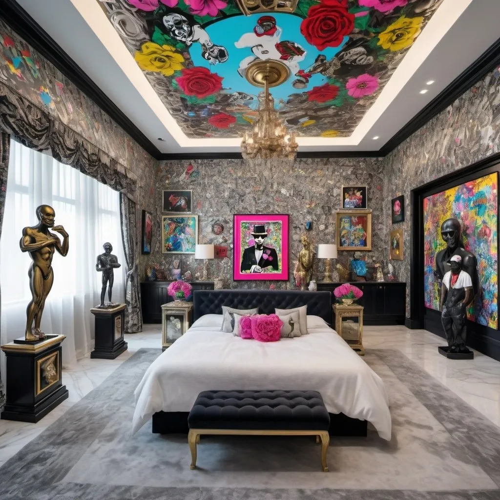 Prompt: Billionaire bedroom ,gaming, party animal , luxury ,crazy , rich , walk in closet, art , painting , sculptures,  , alec monopoly art , cyril kongo art , richard orlinski statues , exotic flowers