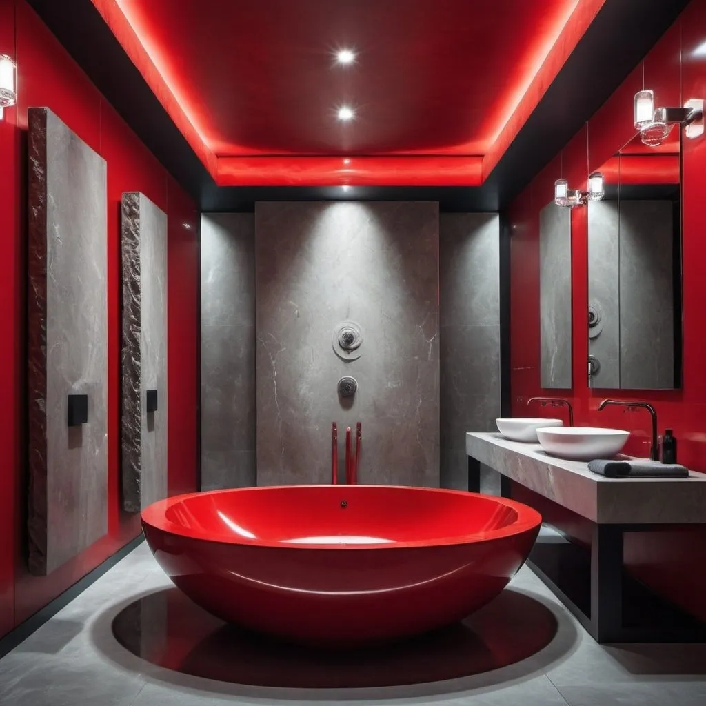 Prompt: A post modern futuristic huge red bathroom ,scary , power,  luxury , rich , wood ,ceramic,  water , mysterious, cement walls , calm , marble , stone , dark, art pieces , sculptures , fintech , cult , cement , syndicate , boss , future , elegant , spa , space 