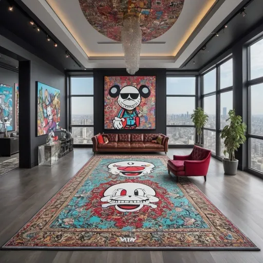 Prompt: Billionaire artistic post modern huge penthouse , gaming , bachelor, art , orlinski art , huge area , alec monopoly art , kaws art , post modern , persian carpet , paintings , sculptures 