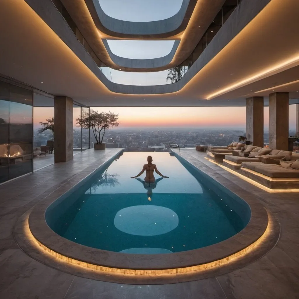 Prompt: indoor post modern cyril kongo infinity swimming pool , luxury , rich , creative , penthouse , artistic , art , sculpture , night , drawings , 
