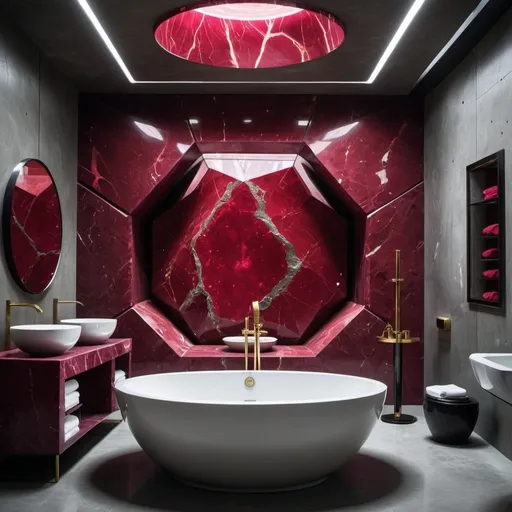 Prompt: A post modern futuristic huge precious stone ruby bathroom ,scary , power,  luxury , rich , wood ,ceramic,  water , mysterious, cement walls , calm , marble , stone , dark, art pieces , sculptures , fintech , cult , cement , syndicate , boss , future , elegant , spa , space 
