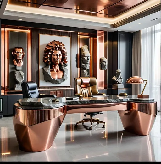 Prompt: A post modern corporate ceo office , luxury , rich , mysterious, copper , bronze , brass , leather  ,rock , big desk , art pieces , sculptures , fintech , cult , aggressive, cement , rhodium , zen , boss , future , elegant 