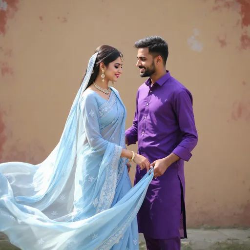 Prompt: A young woman in a flowing light blue sari, adorned with intricate patterns, gracefully walks forward while holding the fabric, which trails behind her like a gentle wave. Beside her, a young man dressed in a vibrant purple shirt observes her with a warm expression, his hand delicately grasping the edge of her sari. They stand against a backdrop of a weathered wall painted in red and beige, suggesting an outdoor setting that feels both intimate and serene. The play of natural light highlights their features and the textures of their clothing, creating a vivid contrast with the simplicity of their surroundings. The scene conveys a sense of connection and elegance, capturing a moment where tradition blends seamlessly with companionship.