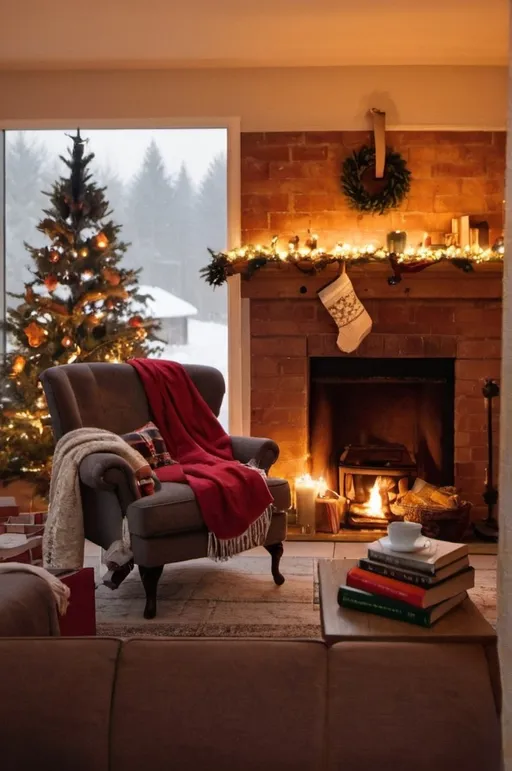 Prompt: A room decorated for christmas with a lit fireplace and a cozy armchair with a blanket tossed onto it. By the armchair is a coffee table with a stack of books and a cup of warm tea.