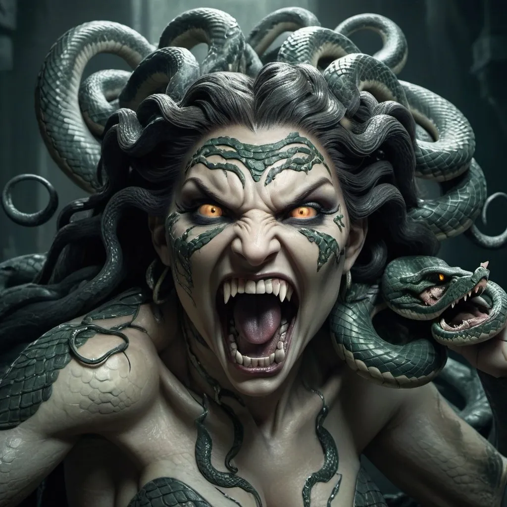 Snarling Medusa with fangs, full body visible, detai...