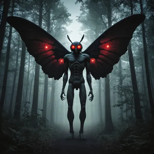 Prompt: the mothman in a dark forest