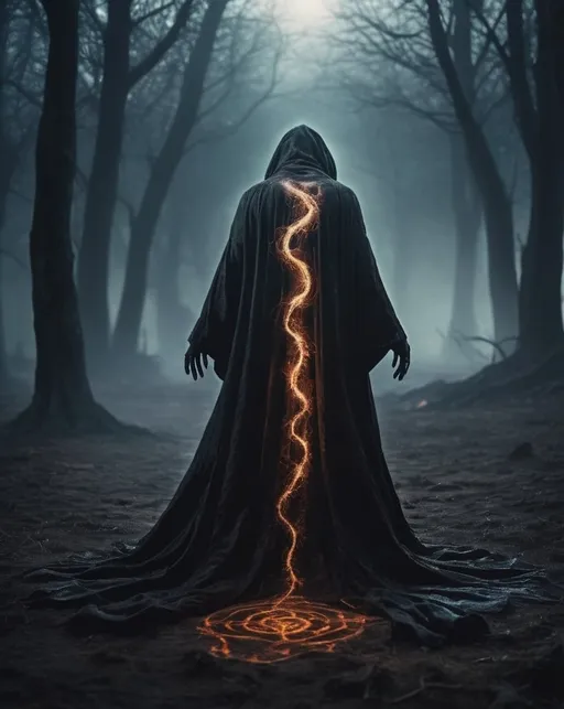 Prompt: Necromancer draining the soul from a body on the ground, seen from behind, two entities, whole body visible, dark magic spell, eerie atmosphere, high quality, dark fantasy, detailed robe, glowing runes, sinister aura, dramatic lighting