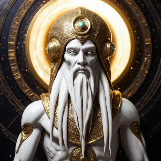 Prompt: Enlil alien Anunnaki, large white beard, long hair ancient extraterrestrial deity, gold and metallic accents, epic celestial backdrop, intricate alien technology, high quality, sci-fi, ancient civilization, regal and imposing, glowing celestial lights, majestic cosmic presence