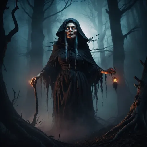 Prompt: Hideous evil witch Baba Yaga glowering menacingly in the dark forest, digital painting, eerie mist, high quality, detailed, dark fantasy, horror, ominous lighting, sinister aura, menacing gaze, twisted trees, mystical atmosphere