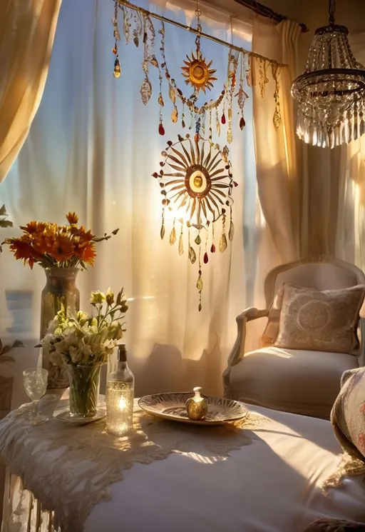 Prompt: give golden light from defused sun. Let a Chrystal dangle like gypsy tapestry on curtains