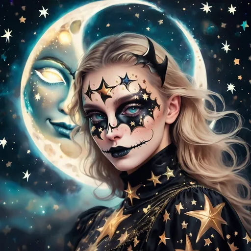 Prompt: a close up of a person wearing halloween costume and face paint of moon and stars gallaxy. Surreal and mystery, magical background