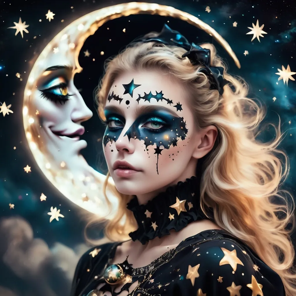 Prompt: a close up of a person wearing halloween costume and face paint of moon and stars gallaxy. Surreal and mystery, magical background