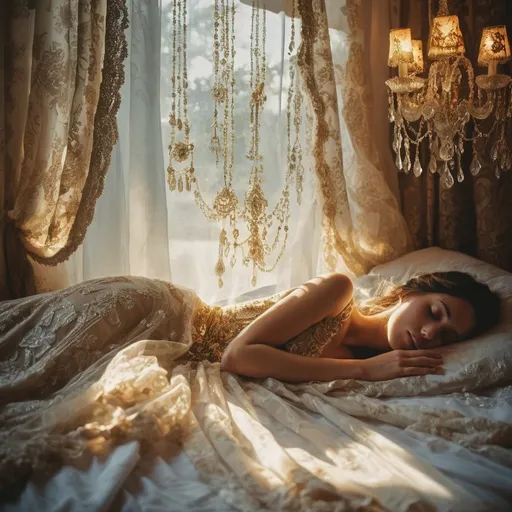 Prompt: give golden light from defused sun. Let a Chrystal dangle like gypsy tapestry on curtains. a vintage bride sleeps in her night gown 