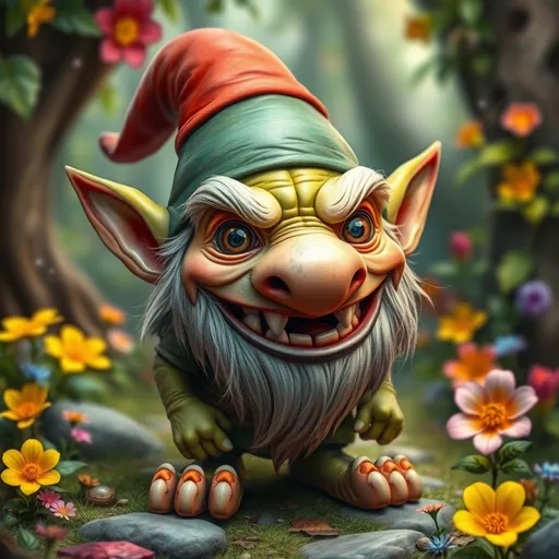 Prompt: fantasy gnome character, (warty, big-nosed), (beady eyes), oversized features, tiny stubby body, (big ears), (big feet), (big toes), displaying a sneaky little smile, showing fancy teeth, set in a whimsical forest background, vibrant color scheme with lush greens and bright flowers, sparkles of magic in the air, (highly detailed), (ultra-detailed), (live fantasy atmosphere)