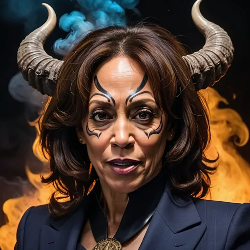 Prompt: (demon Kamala Harris), dramatic horns, dark and mystical atmosphere, intense expression, vibrant glowing eyes, menacing shadows, captivating yet eerie presence, vivid colors, high detail, fantastical elements, dynamic pose, cosmic background, ethereal smoke, HD quality, visually striking, intricate details