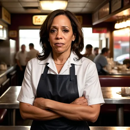 Prompt: Kamala Harris as a (waitress), sweat glistening on her forehead, reflecting a sense of (exhaustion) and (despair), wearing a (simple uniform), a worn-out apron, and a forlorn expression as she stands in a bustling diner environment, with (dim lighting) casting shadows, creating a (grim) and (tense) atmosphere, detailing her tired eyes, showcasing the (weight of duty), captured in (high definition) with a focus on emotion and realism.