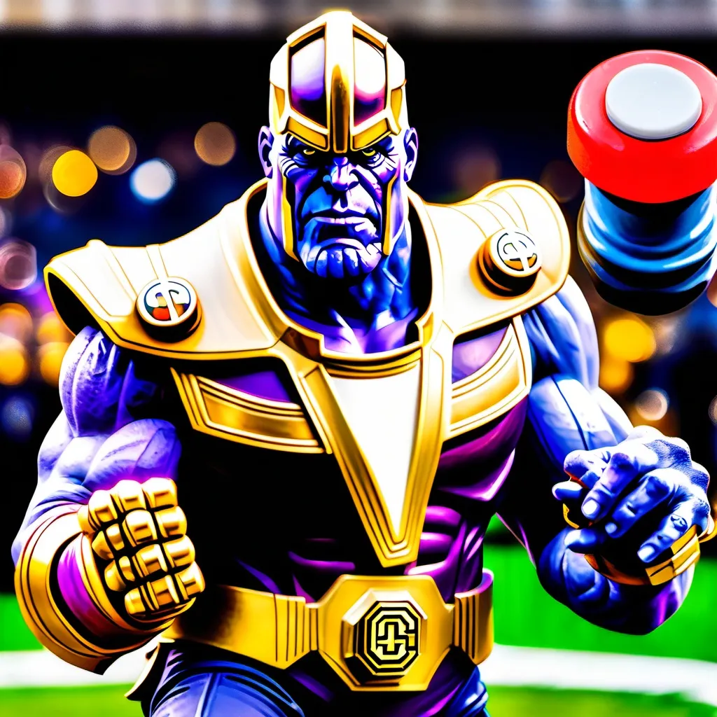 Prompt: Thanos with infinity gauntlet dressed as Ohio state coach intimidating Notre Dame 

