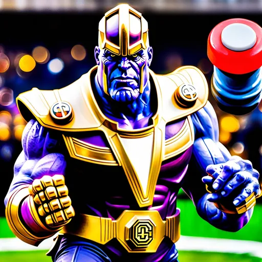 Prompt: Thanos with infinity gauntlet dressed as Ohio state coach intimidating Notre Dame 

