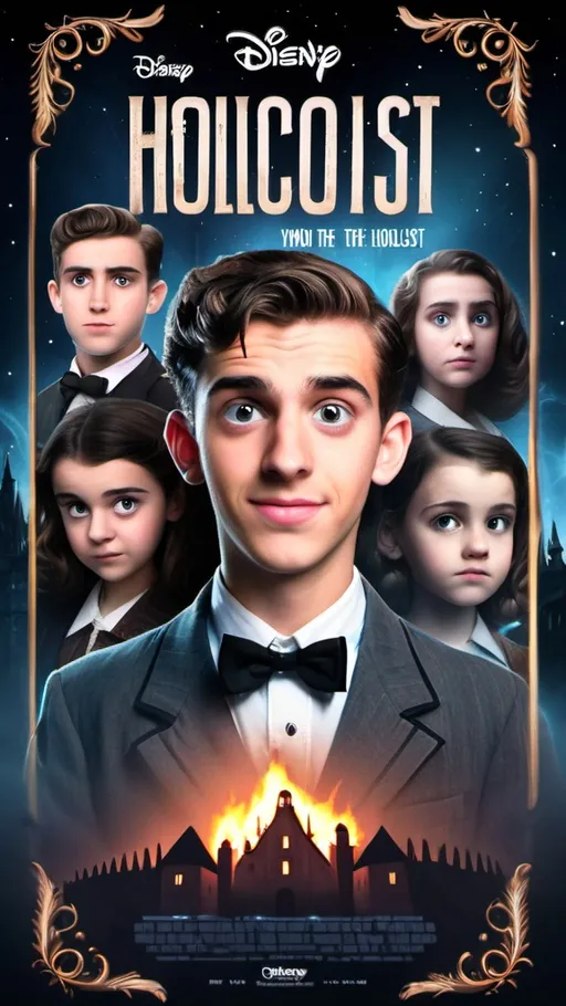 Prompt: Disney-style movie poster, a YouTuber going back in time to the holocaust 