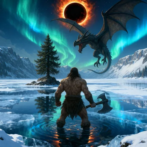 Prompt: A highly detailed fantasy painting of a muscular barbarian warrior standing knee-deep in a reflective, icy lake in the middle of a caldera. The barbarian faces away from the viewer, holding a massive battle axe, staring at a wyvern swooping toward him. Behind the wyvern, a total solar eclipse dominates the sky, casting a glowing fiery corona. Above and around it, green and blue aurora borealis ripple through the night. Snow-covered mountains rise around the lake, and a single large evergreen tree stands on a rocky island in the lake, its reflection visible in the calm water. The lighting is dramatic, with contrasting warm tones from the eclipse and cool tones from the aurora. Ultra-realistic, cinematic, epic composition, fantasy illustration style.