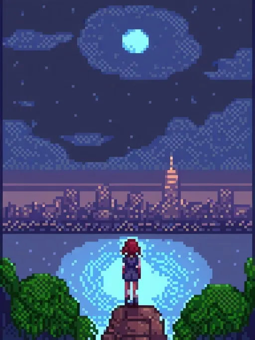 Prompt: lofi, skyline, 1girl anime Floating in the night sky There is water below.