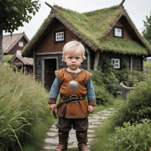 Prompt: a viking boy that 2 yearss old and with viking clohs on  and it´s longg houses in the bakkrund and a lot of threes  and bushes with his dad  thats also a viking