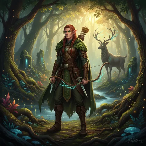 Prompt: Elf ranger in a mystical forest around sunlight