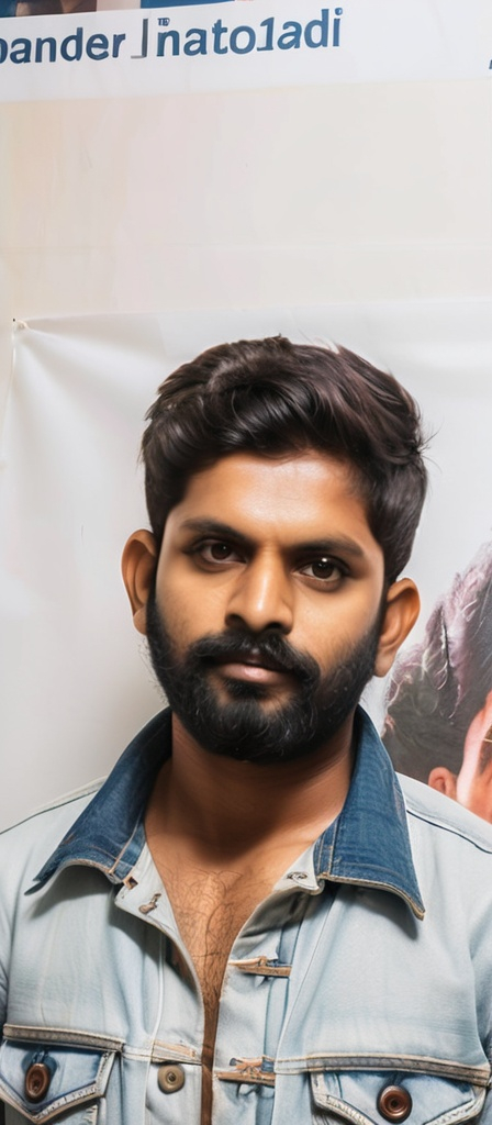 Prompt: a man with a beard and a denim jacket on posing for a picture in front of a poster of a man, Bholekar Srihari, samikshavad, jayison devadas, a photocopy